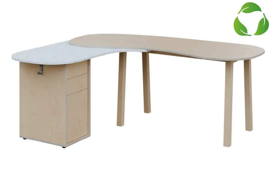 ECO 01 L stůl kancelářský, rohový, levý, masivní dřevěná podnož, deska 18 mm, široký 1840 mm, překližka bříza/upcyklovaný plast